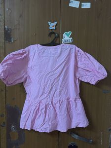 Cute Pink Tie-Front Puff Sleeve Top
