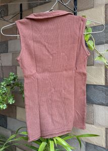 Women Brown Ribbed Collared Top