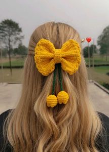 Handmade Crochet Cherry Bow Hair Clip