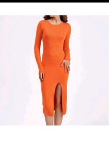 Stylish Orange Ribbed Knit Dress