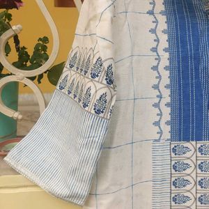 White And Blue Cotton Kurta