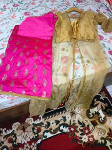 Golden blouse pink lahnga with shrug