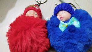 3 Cute Baby Doll Pompom Keychain
