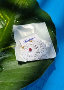 White Crochet Earrings with Red Beads