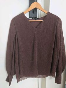 Brown Plisse V-Neck Top