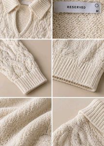IVORY CABLE KNIT V-NECK SWEATER WITH COLLAR