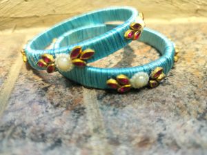 Turquoise Silk Thread Bangles with Embellishments