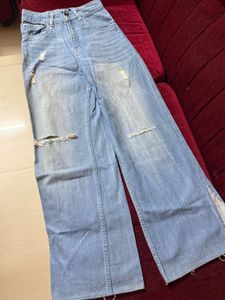 Ripped Wide Leg Denim Jeans