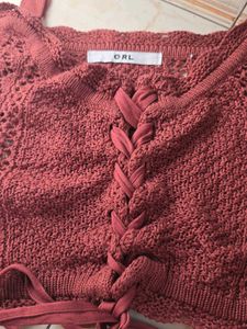 Maroon Cute Crocheted Lace-Up Crop Top