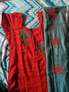 Rust orange rawsilk front open kurta set