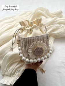 Elegant Pearl Embellished Jute Sling Bag