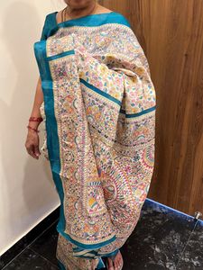 Beautiful Madhubani Print Saree With Stiched Blouse
