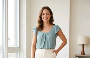 Chic Blue Cap Sleeve Pleated Top