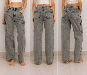 Grey Wash Wide Leg Cargo Jeans