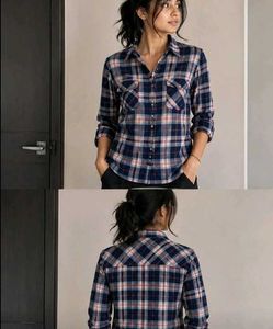 Women’s Navy Blue &amp; Peach Plaid Checkered Full-Sle