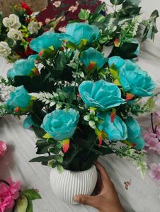 Beautiful Blue Artificial Flowers in White Pot