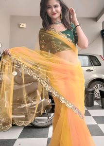 Designer Yellow Net Sari With Blause
