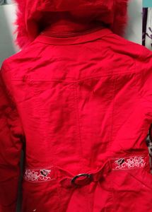 Red Faux Fur Detachable Hooded Jacket
