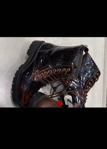 Shiny Black Leather Panter Lace-Up Boots