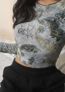 Cropped Paisley Print Long Sleeve mesh Top