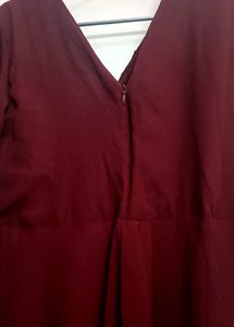 Maroon Pleated V-Neck Dress