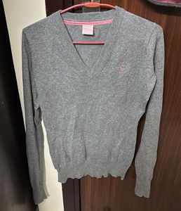 Gray V-Neck Knit Sweater