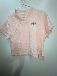 Peach Short Sleeve Mandarin Collar Top