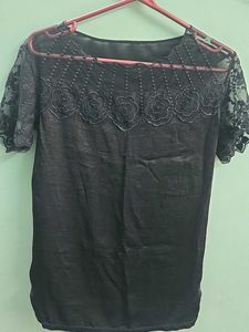 Chic Black Lace &amp; Embellished Sheer Neckline Top