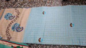 Embroidered Saree with Blue Floral Motifs