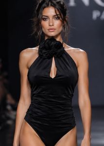 Elegant Black One-Piece Swimsuit with Floral Detai