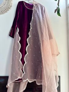 Velvet Embroidered Suit set with pant &amp; dupatta