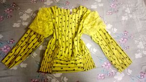 Yellow Striped Lace Sleeve Top