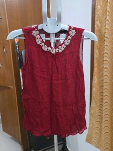 Zara Wine Red Embellished Neck Sleeveless Blouse