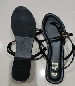 Black Flat Sandals with Gold Buckle