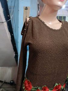 Brown Cold Shoulder Top with Rose Embellishment