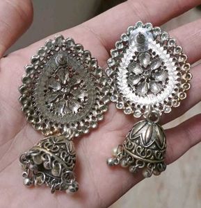 Oxidized Silver Jhumka Earrings