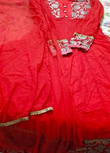 Stunning Red Embroidered Anarkali Suit
