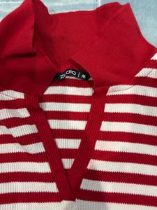 Striped Cropped Polo Neck Top