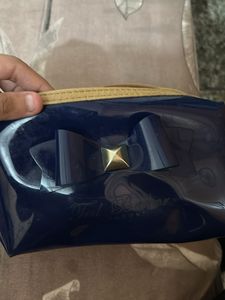 Chic Navy Blue Cosmetic Pouch with Bow Detail