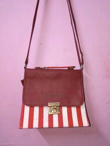Red &amp; White Striped box sling Bag