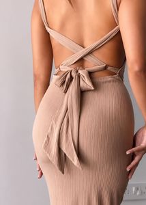 Ribbed Midi Dress with Tie Sleeves