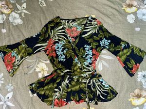 Floral Wrap Top with Bell Sleeves