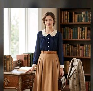 Navy Blue Blouse with Lace Collar