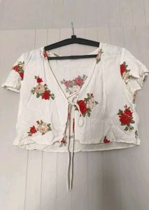 White Floral Tie-Front Cropped Top