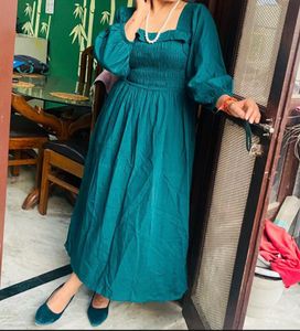 Emerald Green Smocked Square Neck Dress