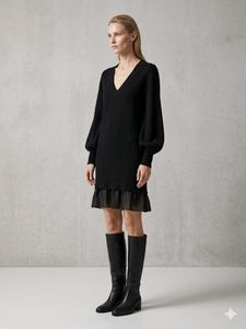 Black V-Neck Ruffle Dress