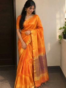 Vibrant Orange semi- Silk Saree without blouse