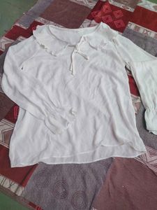 Sheer White Blouse with Ruffle Collar