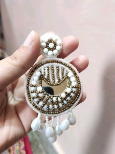 White &amp; Gold Beaded Statement Earrings