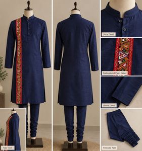 Men Elegant Navy Blue Embroidered Kurta set